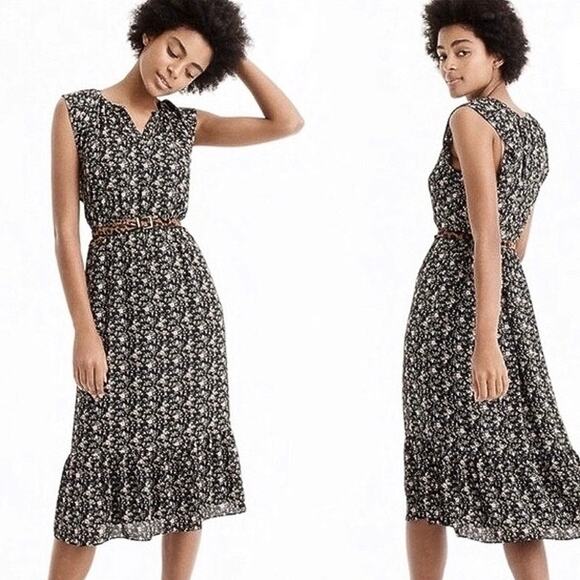 J.Crew Women's Black Floral Sleeveless Ruffle Peasant Blouson Midi Dress Size XS - Picture 2 of 7
